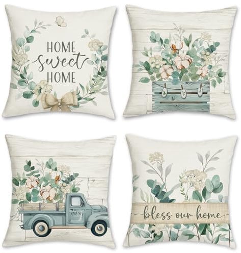 Bonhause 4er Set Kissenbezüge Eukalyptus Blätter 45 x 45 cm Blau LKW Home Sweet Home Polyester Leinen Dekorative Kissenhülle Zierkissenbezüge für Zuhause Garten Outdoor Dekoration