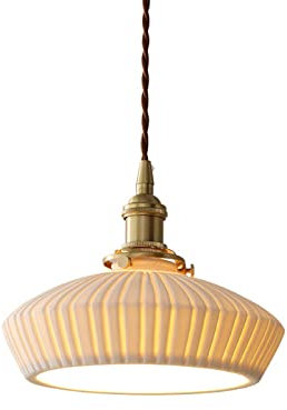 EKSED Hängeleuchte mit weißem Keramikschirm, goldener E27-Fassung und Drehschalter Hängende Deckenleuchte mit goldenem Kabel (Bambushut)