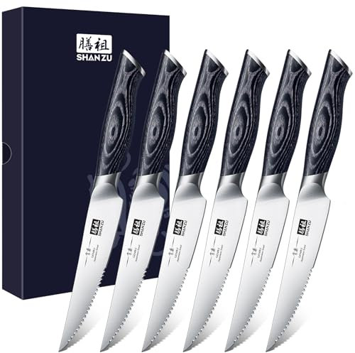 SHAN ZU Couteaux à Steak, Couteaux de Table 6 Pièces, Set Couteaux a Steack Cuisine Coffret Couverts de Table, Lame Ultra-fine en Acier Inoxydable avec K133 manche en bois - Genbu Série