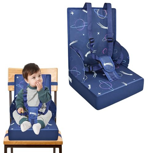 NAIZY Kindersitzerhöhung Sitzerhöhung Stuhl Kind Sitzkissen mit Faltbar Rückenlehne und Dreipunktsicherheitsgurt, Schwämme Boostersitz für Stuhlerhöhung Kinder Baby Essen Stuhl, Blau