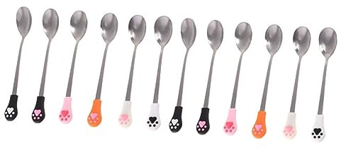 Cabilock 12 Pièces cuillères à sucre en acier inoxydable Expresso faveurs de Noël cuillères à tête en silicone cuillères à café imprimées glace cuillère à café patte de chat