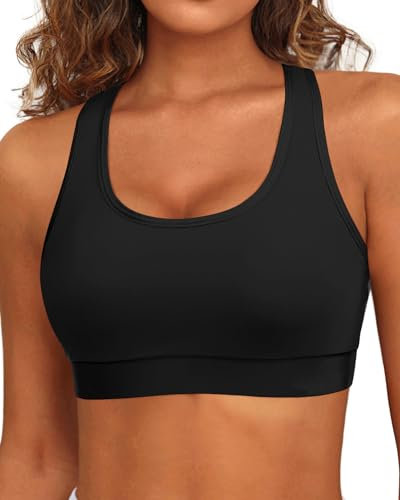 Holipick Sport-BH für Damen, Bikini-Oberteil, Racerback, U-Ausschnitt, Badeanzug, Top, bescheiden, gepolstert, bauchfreies Oberteil, nur Badeanzug, Schwarz, S
