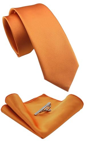 JEMYGINS Schmale Herren Krawatte und Einstecktuch krawattenklammer Set 6cm orange Farbe