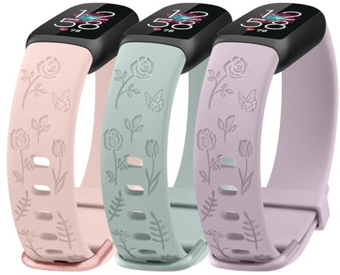Mugust Armband für Fitbit Luxe mit Rosen- und Schmetterling-Gravur, weiches Silikon, elegantes Blumenmuster, Ersatzband nur für Fitbit Luxe (Nude Violett/Türkis/Rose)