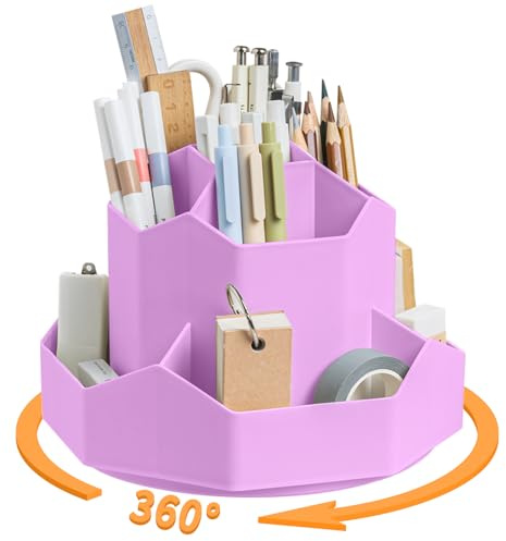 Cayxenful Schreibtisch Organizer Kinder, 360 Grad Drehbar Stifthalter mit 9 Fächer, Aesthetic Stifte Organizer für Bürobedarf, Schreibwaren, Zuhause Makeup (Lila)