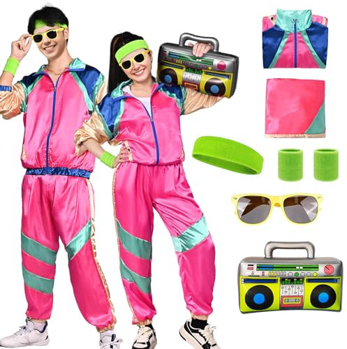 HarnyLoom Costume Année 80 90 Homme Deguisement Rétro Femme Disco Hippie Veste Pantalon Tenue Accessoire Chapeau de Pêcheur Lunettes Carnaval Halloween (Rose, S)