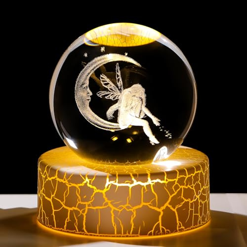Ornalrist 6cm 3D Fairy with Moon Crystal Ball Gifts for Women Ornaments | with Warm Light Stand, Engraved 3D Fairy Figurine, 6cm Glass Globe, for Friends Mum Birthday Christmas Mother's Day