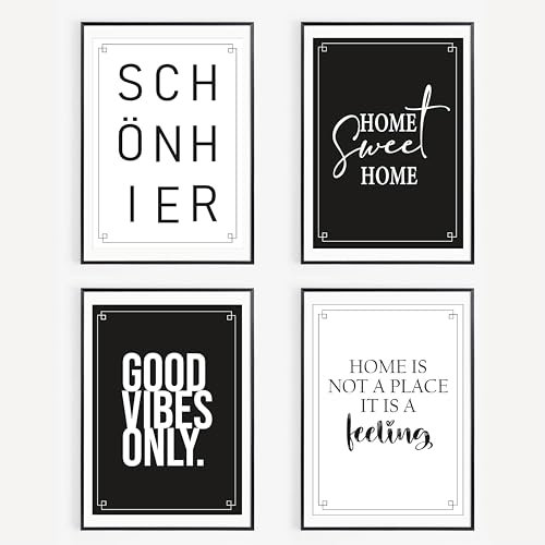 Lineo® 4er Set Wohnzimmer-Poster Lustige Sprüche; Deko für Wohnzimmer, Büro uvm; Hochwertiger Kunsdruck witzige Zitate Wand-Bilder 4 Stück in DIN-A4 (Wohnzimmer, 4er Set - 21x30 cm, Ungerahmt)