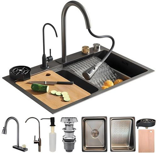 KOOGIMDDR 85x45cm Wasserfall Spüle Edelstahl, Spülbecken Schwarz, Spüle Küche mit Zubehör wie ausziehbare Wasserhähne, Küchen Spülbecken Einbau von Oben 1 Becken Einbauspüle