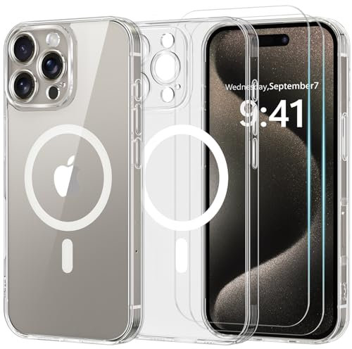 Yohii 3 in 1 Magnetica Cover per iPhone 15 Pro Max con 2 Pezzi Vetro Temperato [Protezione Fotocamera] Compatibile con MagSafe, Custodia Antiurto di Livello Militare, Trasparente