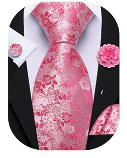 Barry.Wang Hot Pink Tie with Flower Lapel Pin for Men Floral Silk Necktie Pocket Square Cufflinks Set Formal Wedding Party Business
