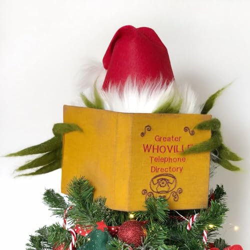 Weihnachtsbaumspitze, Grinch Weihnachtsdekoration, lustiges grünes Monster, das sich hinter dem Buch versteckt, Baumkrone für Weihnachten, Urlaub, Weihnachtsbaum-Partyzubehör (Stil 1, 35 cm)