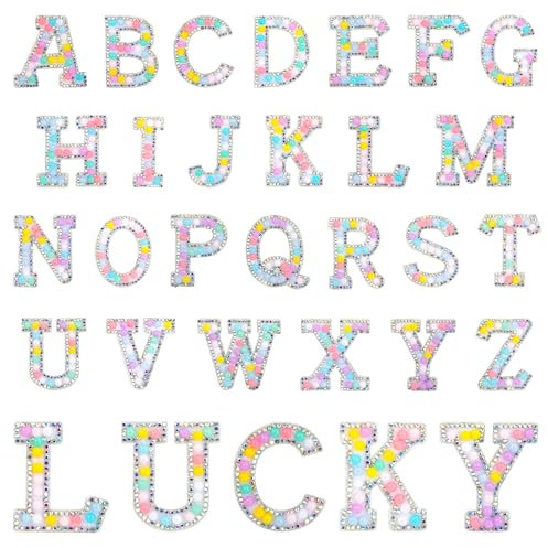 Flicken zum Aufbügeln, 26 Stück Patches zum Aufbügeln Buchstaben Alphabet A Bis Z Bügelflicken mit Perle und Glitzer Strass Iron On Patches Letters für DIY T-Shirt Jeans Kleidung Taschen Mehrfarbig