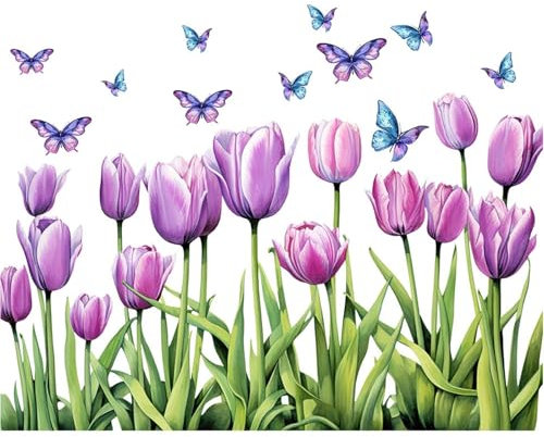 Wandsticker Schmetterling Tulpen, Pflanzen Blume Wandtattoo, Leichte lila Blume Wandaufkleber Blume, Selbstklebend Blume Fensteraufkleber für Wohnzimmer Schlafzimmer Wanddeko, 50x40cm