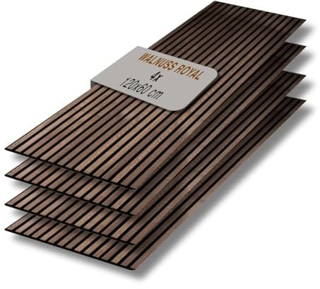 Akustikpaneele I 4 Stück je 60 x 120 cm I Wandpaneele Schalldämmung für optimale Raumakustik I Holzpaneele mit Echtholz-Furnier für akustische Schallabsorption (Walnuss Royal)