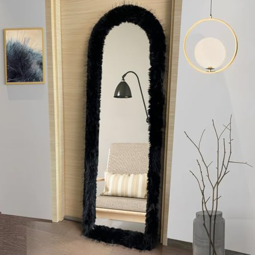 UYRIE Fluffy Mirror Cover - 64x21 Full Length Stretch Universal Ultra Soft Non-Slip Cover Warm Home Decor for Bedroom Cloakroom (Black-Without Mirror, Suitable for 64×21)
