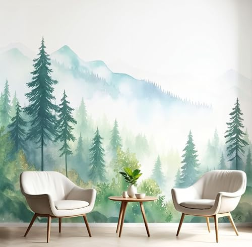 Tapete 3D Fototapete Aquarell Wald Vliestapete Wandbild Fototapeten, 350×256cm(W×H) Vlies Tapeten Kiefernwald Wandtapete Schlafzimmer, TV Hintergrund Wand Moderne Wanddeko