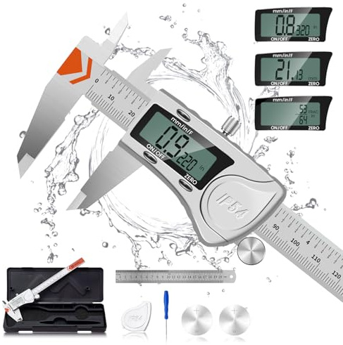 HARDELL Digital Caliper, IP54 Waterproof Caliper Measuring Tool with 3-Batteries & Extra Cover, All Stainless Steel Heavy-Duty Vernier Caliper Micrometer, Inch/MM/Fraction for DIY/3D-Printing