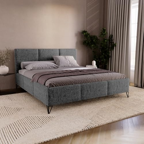 Chilly. Möbel Design Bett Modero - Polsterbett 200x200 mit Bettkasten, Lattenrost und Kopfteil – Klassischer Neve-Samt Stoffbezug Dunkelgrau