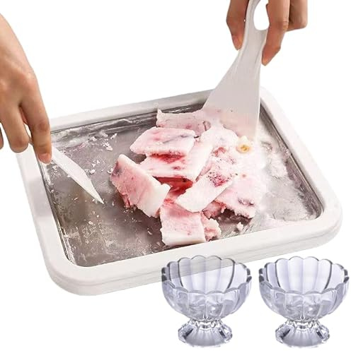 Haushalt DIY Ice Cream Roll Maker - Kompakte Frozen Joghurtmaschine für Kinder, mit 2 Blütenblatt-förmigen Klarglas-Eisschalen (Weiß)