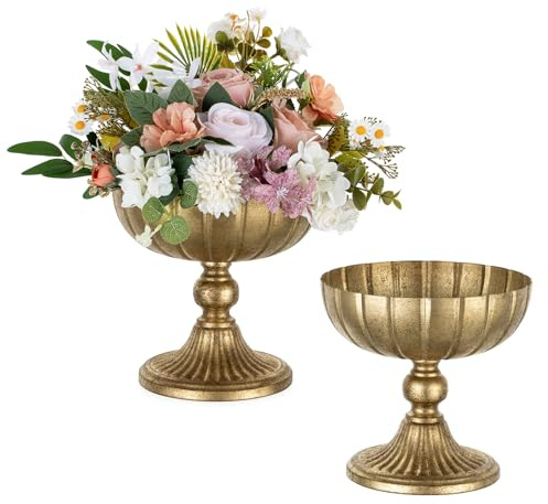NUPTIO Flower Vase Gold Distressed: 20.7cm Tall Metal Ribbed Vases, 2 Pcs | Vintage Planters Pot Centrepiece for Floral Arrangements, Wedding Tables, Parties, Bithdays, Christmas, Indoor/Outdoor Decor