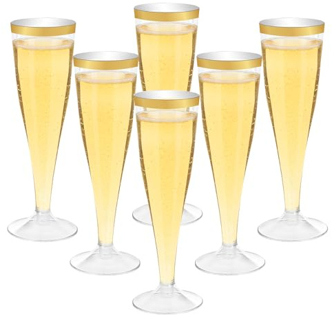 Mispudin 30 Pcs Plastic Prosecco Glasses 130ml, Gold Rim Champagne Flutes | Gold Rim, Reusable Wine Glasses, Hard Plastic Flute Glasses, for Weddings, Garden Parties, Birthdays and Christmas