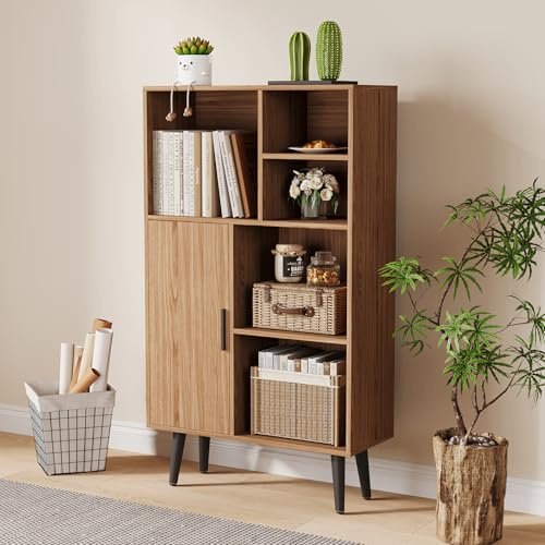 Garvee Wooden Storage Cabinet with Open Shelves & Door, Freestanding Tall Sideboard for Living Room Bedroom Hallway, Modern Wood Effect Storage Unit with Solid Wood Legs, Natural Oak