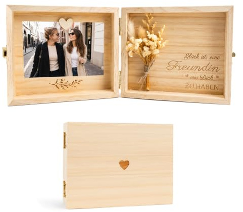 Auibor Freundin Geschenk Holzbox, Glück ist, eine Freundin wie Dich ZU HABEN, Geschenk für Freundin Geburtstag, Beste Freundin Geschenk mit Trockenblumen, Foto-Magnet