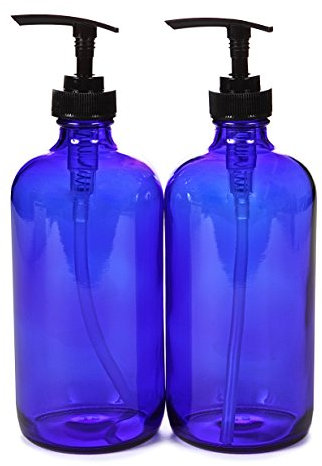 Vivaplex Lot de 2 grandes bouteilles vides en verre bleu cobalt avec pompe à lotion noire 473 ml
