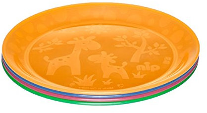 nip Baby-und Kinderteller Set mit Motiv, spülmaschinengeeignetes Kindergeschirr, extra flach & perfekt für Beikoststart, Plastikteller BPA-frei, ohne Melamin, orange/blau/rot/grün
