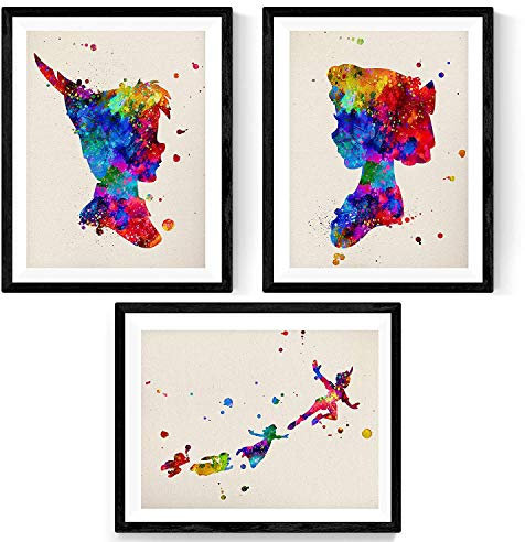 Nacnic-Satz von 3 Blättern zum Rahmen Aquarellstil. Poster mit Bildern von Peter Pan, Bell und ihren Freunden in Größe 30x40 cm. Papier 250 Gramm Decora Der Kindern Domorator, Lounge.