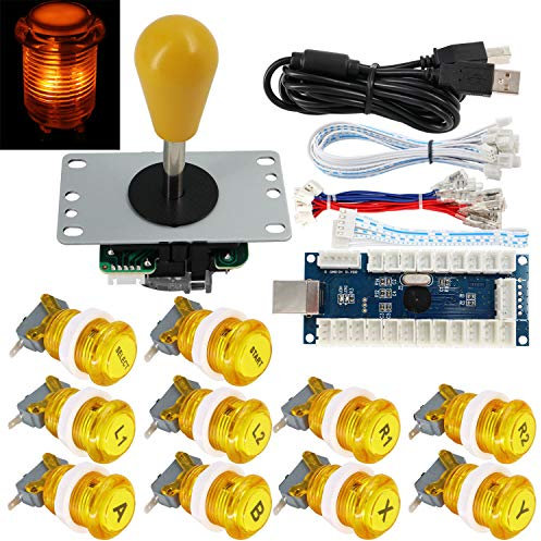 SJ@JX Arcade Game Stick DIY Kit Buttons with Logo LED 8 Way Joystick USB Encoder Cable Controller for PC MAME Raspberry Pi Yellow