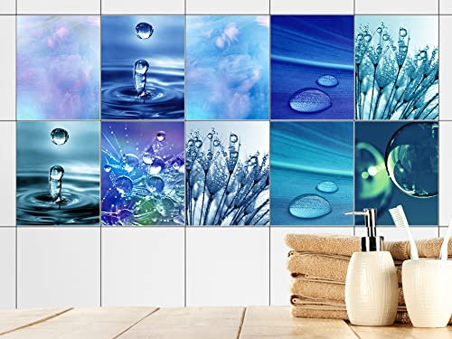 GRAZDesign Fliesenaufkleber Bad Blau Wasser Tropfen, Fliesensticker Fliesen zum Aufkleben Klebefolie für Badfliesen (Set 10 Stück, 15x20cm)