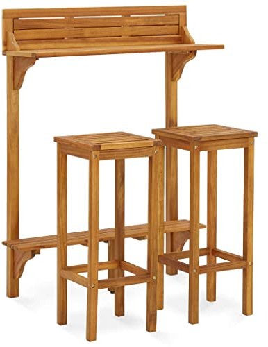 vidaXL 3-TLG Massivholz Balkon-Bar-Set Bartisch und Barstühle Sitzgruppe Balkon Outdoor Stehtisch und Stuhl Möbel Set Balkonmöbel Akazienholz
