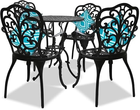 Homeology BANGUI Luxurious Garden & Patio Table & 4 Large Chairs with Armrests Cast Aluminium Bistro Set - Black