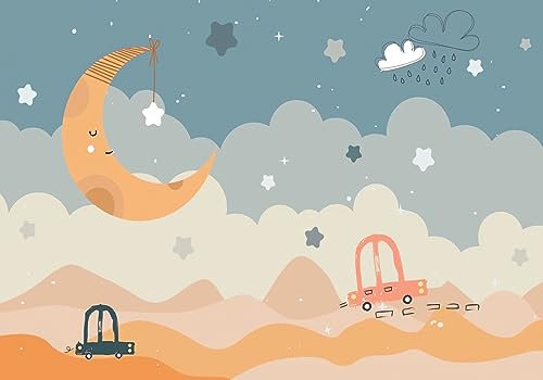 Wesmilewallpaper Papier Peint Panoramique 3D Intissé Tapisserie Dessin Animé Nuages Lune Voiture Enfants Chambre Décoration Fond Muraux Tableau Mural Poster 350x245cm