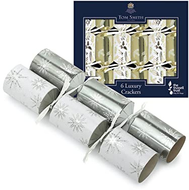 Tom Smith Pack 6 Luxury Mini White & Silver Charity Christmas Tree Crackers Eco 21cm