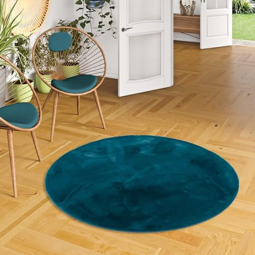 Luxus Super Soft Kunstfell Fellteppich Plush Petrol Rund in 3 Größen