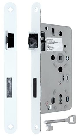 SN-TEC Zimmer Türschloss Objektschloss mit Flüsterfalle Kl.III BB Buntbart 55/72/8, Weiss lackierte Stulp 20x235mm, DIN Links abgerundet (BB Buntbart LINKS)