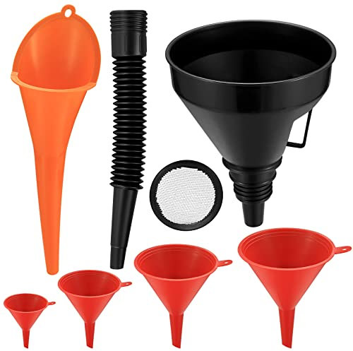 6-Pcs Flexible Plastic Funnel Set - Universal Car, Motorcycle Long Mouth Funnel with Detachable Spout - Red/Orange/Black