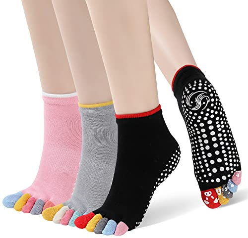 PUTUO Yoga Socken für Damen Zehensocken: Antirutsch Zehen Yogasocken Rutschfeste Baumwolle ABS Stoppersocken für Pilates Barre Ballett Tanz Fitness EU 40-43, 3 Paare