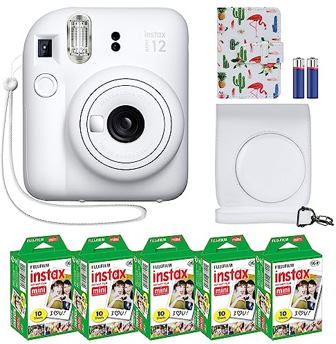Fujifilm Appareil Photo instantané Instax Mini 12 + Ensemble d'accessoires MiniMate et étui personnalisé Compatible + Album Photo Fuji Instax Film économique (50 Feuilles) Flamant Rose