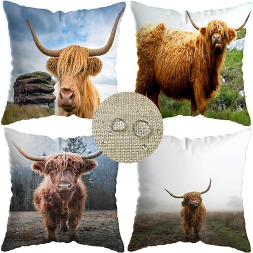 4er Set Tier Leinen Kissenbezug 45x45 Kissenhülle Yak Oxen Doppelseitig Sofakissen Dekokissen Zierkissen Wasserdicht Outdoorkissen für Deko Wohnzimmer Couch Dekokissen Kopfkissenbezug 45x45cm W-4985