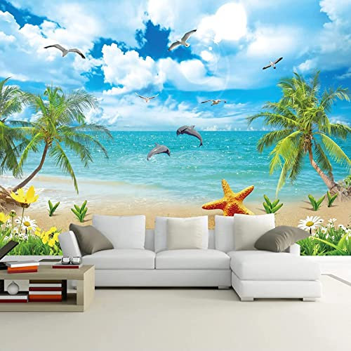 GIVLWF Papier Peint Panoramique de Plage Bleu Ciel Nuages Blancs, Mouette Dauphin Cocotier Déco de La Maison - Pour Salon Chambre D'enfant Décoration Murale 150 x 70 cm