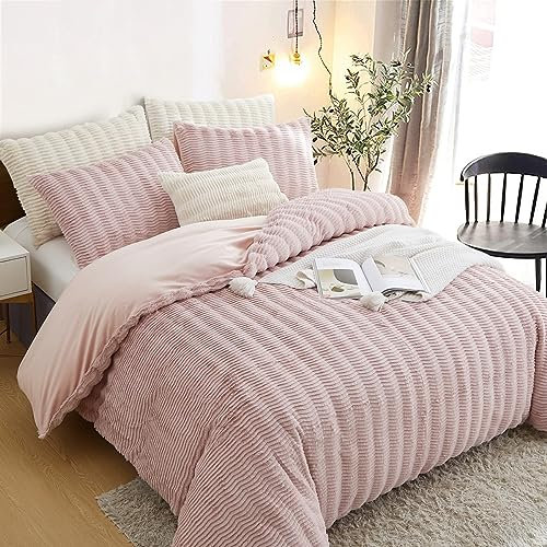 Lanqinglv Plüsch Bettwäsche 200x220 cm Rosa Flauschig Langhaar Kunstfell Dick Winterbettwäsche Warm Kuschelig Flanell Fleece Cashmere Touch Bettbezug mit Reißverschluss und 2 Kissenbezug 80x80cm