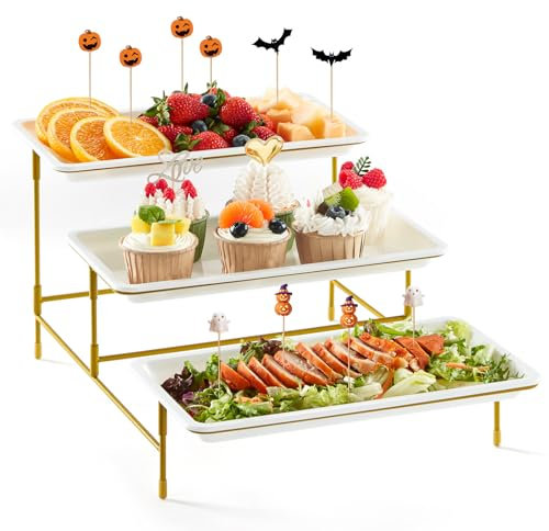 Lifewit Vassoio da Portata 3 Piatti, Vassoio Plastica Rettangolo 30×17cm, Alzate per Buffet Dolci, Portafrutta da Tavolo, Cucina Decorativo, Vassoi e Piatti con Rastrelliera in Metallo Dorato