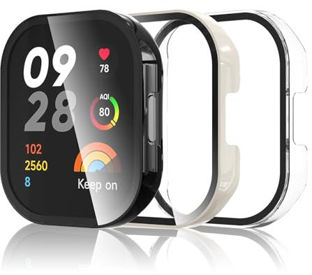 Bigqin Confezione da 3 Custodia Protettiva Compatibile con Xiaomi Redmi Watch 3, Custodia Rigida per PC con Proteggi Schermo, Custodia Ultra Sottile HD con Vetro Temperato - Trasparente Nero Bianco
