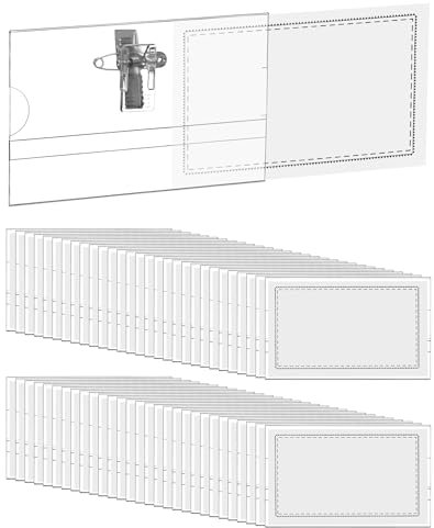 QWORK® 100 Pezzi porta badge orizzontale con spilla e clip, 90 mm x 56 mm, spessore 0,35 mm in plastica trasparenti, per lavoro, conferenza, esposizione