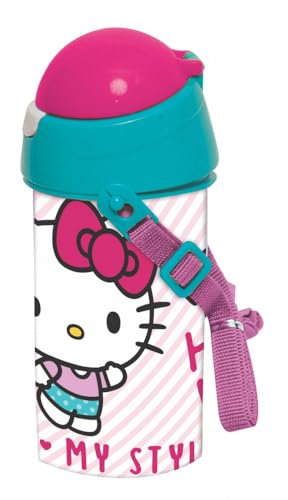 Giovas Hello Kitty Sport Pop-Up-Wasserflasche mit Umhängekordel für einfachen Transport, Schule, Mittagessen, Kinder, 500 ml