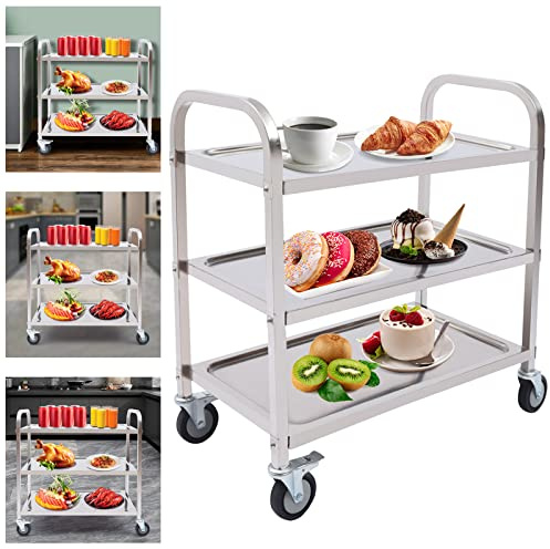 Carrello da portata in acciaio inox, carrello da cucina, carrello da cucina, carrello per il trasporto con rotelle, carrello multiuso per il pasto, servizio stoviglie, servizio ristorazione, argento,